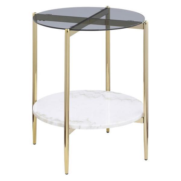 Jonelle Round Glass Top End Table with White Marble Shelf and Gold Finish Legs - Grey 