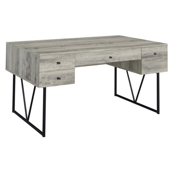 Analiese 4-Drawer Writing Desk Grey Driftwood - Black Finish Metal Base and Legs 