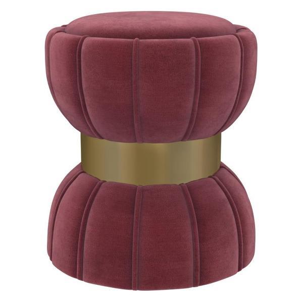 Sora Round Upholstered Ottoman - Berry - Gold Finish Band - Red 