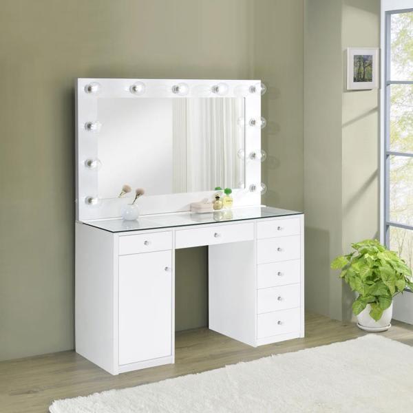 Acena 7-Drawer Vanity Set with Lighting - White High Gloss 