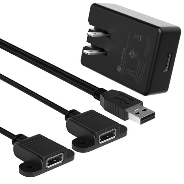 Mountable USB 2.0 Charging Extension Cable Pair - 5 Feet - AC Adapter Included 
