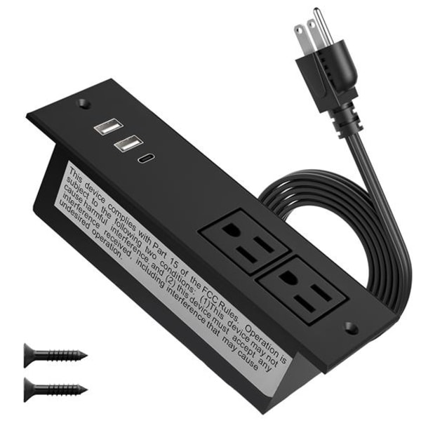 Recessed Power Strip - 2 AC Outlets and 3 Smart USB Ports up to 20W Total - ETL - FCC - RoHS Certified 