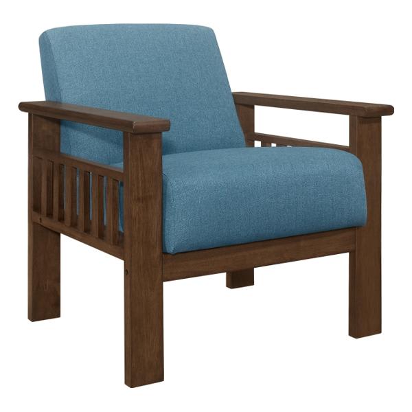 Helena Accent Chair with Storage Arms - Solid Rubberwood Frame and Blue Textured Fabric Upholstery - Walnut Finish Frame 