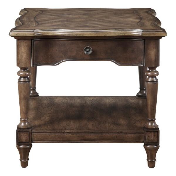 Heath Court End Table with Dovetail Drawer - Brown Oak Finish Top and Antique Bronze Knobs 