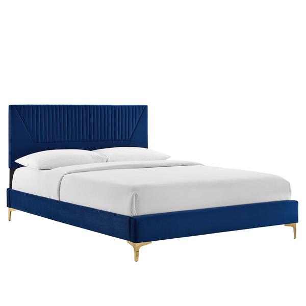 Yasmine Channel Tufted Performance Velvet Queen Platform Bed - Navy - Style b 