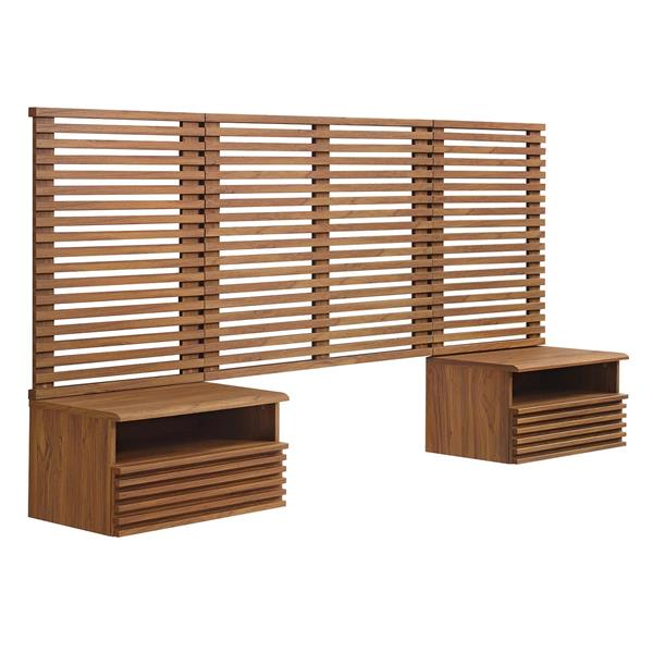 Render Wall Mount Twin Headboard and Modern Nightstands - Walnut - Style A 