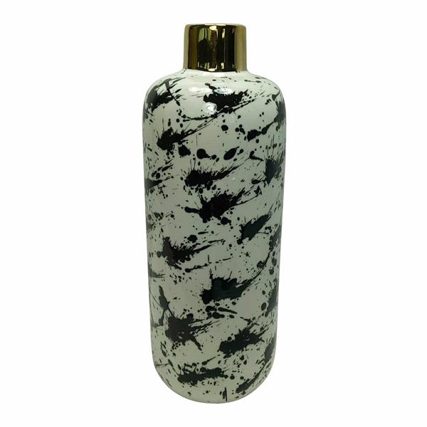 Ceramic 15"H Vase With Gold Lid - White & Black Style A 