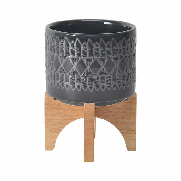 Ceramic 6" Aztec Planter On Wooden Stand - Black 