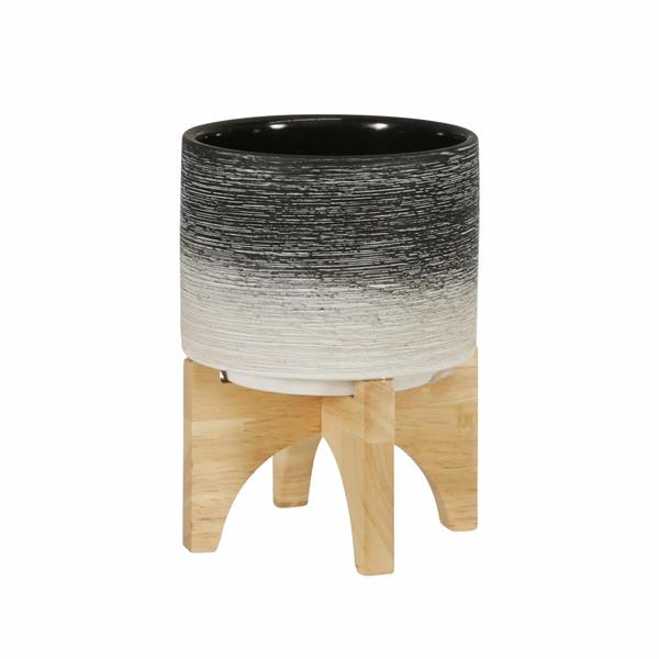 Ceramic 6" Planter On Wooden Stand - Gray 