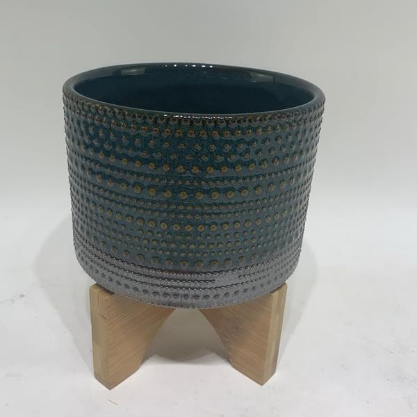 6"H Dotted Planter With Wood Stand - Green 