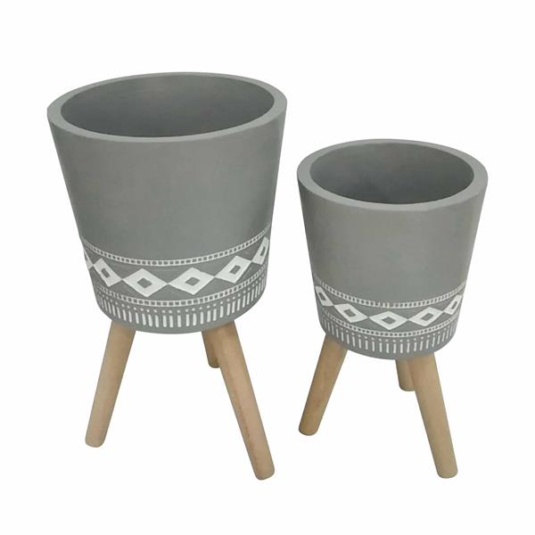 Set of 2 11 & 15" Diamond Planter With Wood Legs Gray 