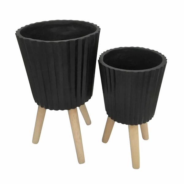 Set of 2 11 & 15" Ridged Planter With Wood Legs Black 