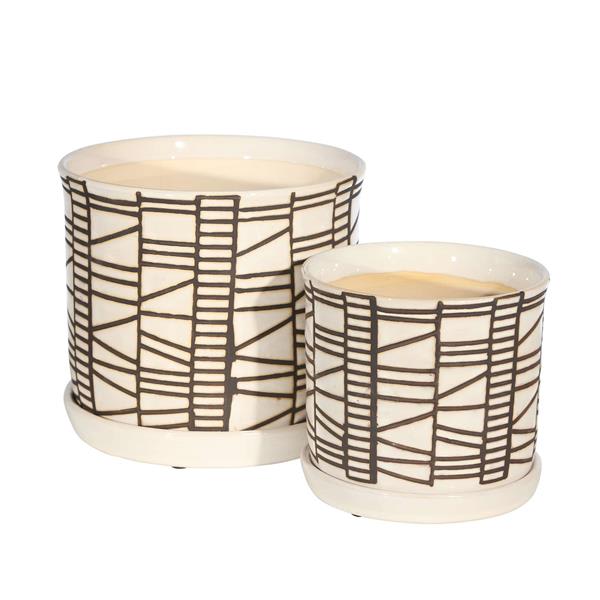 Set of 2 Ceramic 8 & 6" Planter With Saucer- Beige Style B 