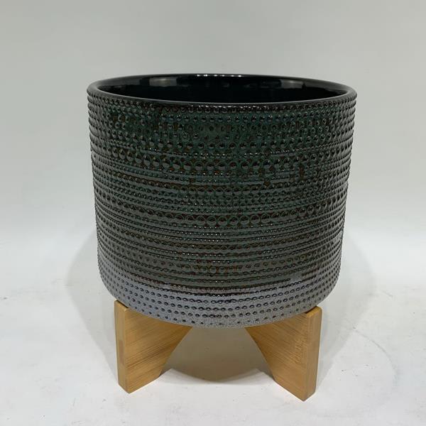 8"H Dotted Planter With Wood Stand - Green 