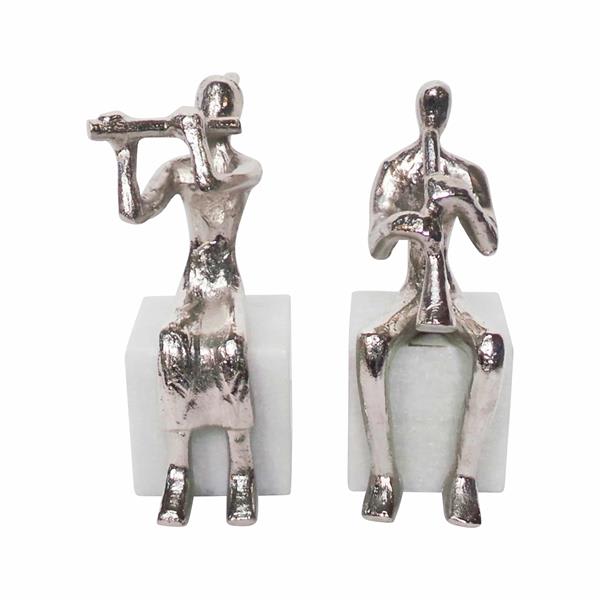 Set of 2 Metal Musicians On Marble Base - Silver 