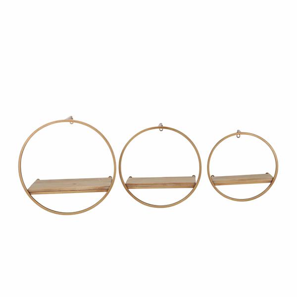 Set of 3 Metal & Wood Wall Shelves-Bronze 