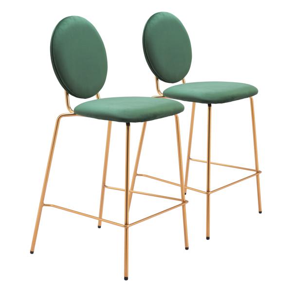 Odessa 26" Seat Height Counter Stool with Velvet Seat and Electroplated Steel Frame - Green and Gold - Set of 2 