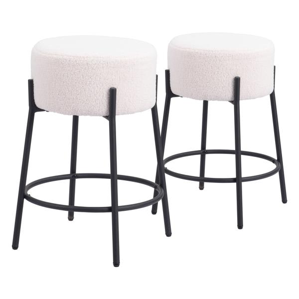 Blanche 24 in. Seat Height Counter Stool with Shearling Style Fabric - Ivory - Black Powder Coated Steel Legs - Set of 2 