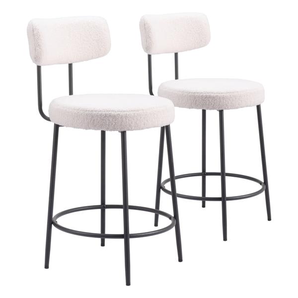Blanca 24 in. Seat Height Counter Stool with Shearling Style Fabric - Ivory - Black Powder Coated Steel Legs - Set of 2 