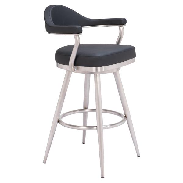 Vagur 30 in. Seat Height Swivel Barstool - Black Faux Leather - Brushed Stainless Steel Legs 