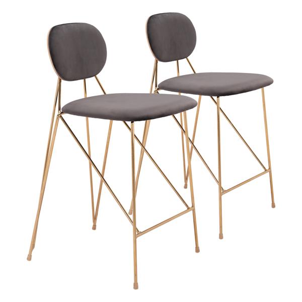 Georges 25" Seat Height Counter Stool with Built - in Footrest - Gray Velvet Fabric - Gold Electroplated Steel Legs - Set of 2 