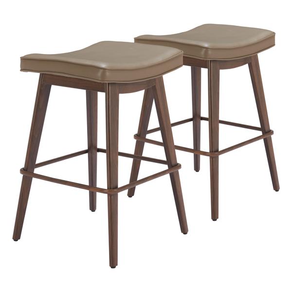 Divat 31" Seat Height Barstool - Taupe Faux Leather - Walnut Faux Wood Steel Legs - Set of 2 