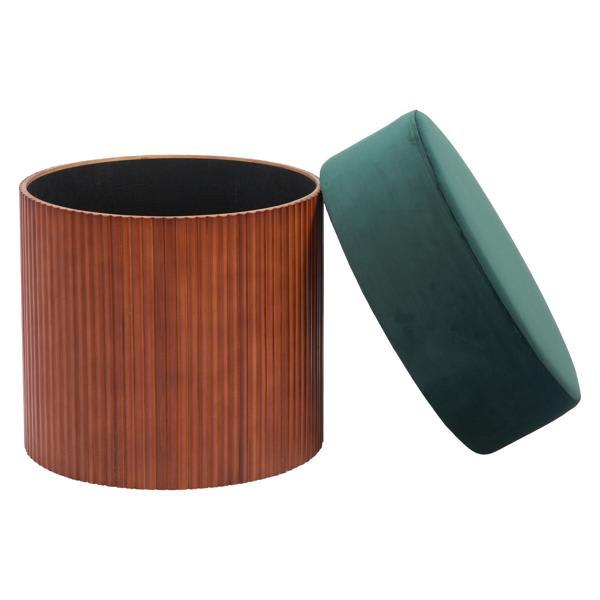 Boto 19.5" Storage Ottoman - Soft and Smooth Velvet Fabric - Brown Pine Wood Leg - Green 