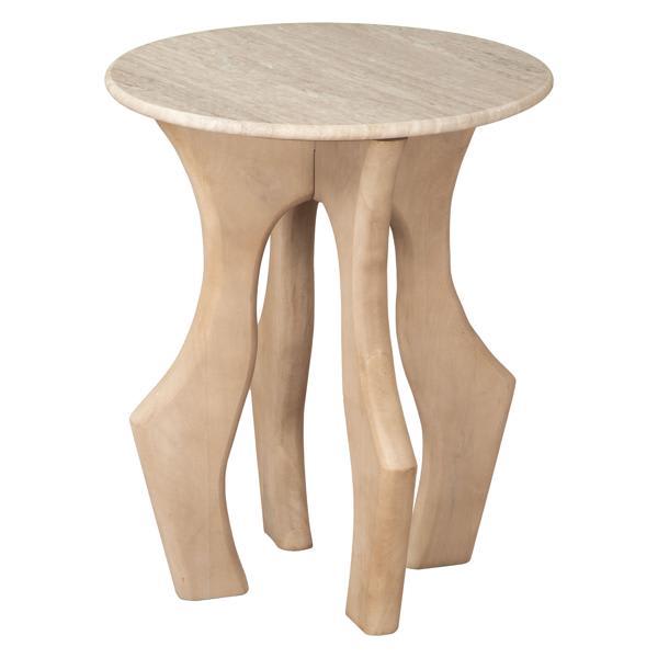 Eda 18" Side Table - White and Natural - Natural Marble and Solid Mango Wood 