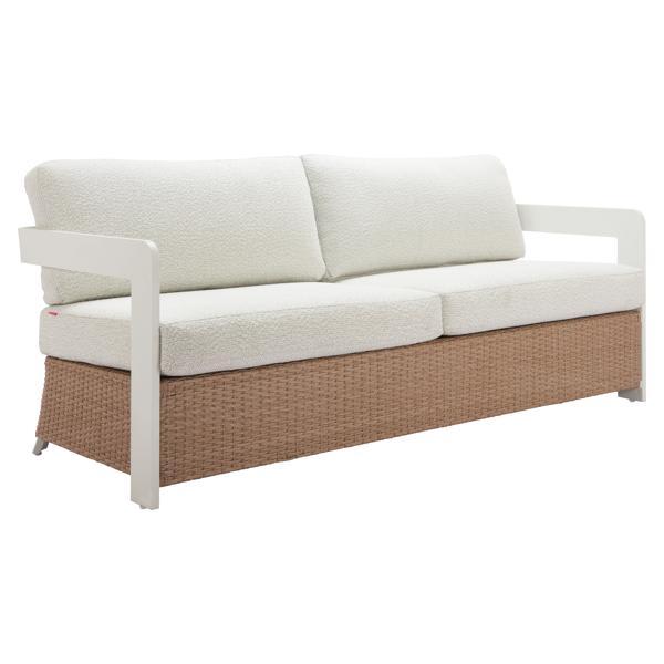 Gelo 73" Sofa - White and Brown - Outdoor Fabric - Powder Coated Aluminum Frame - Synthetic Rattan Weave 
