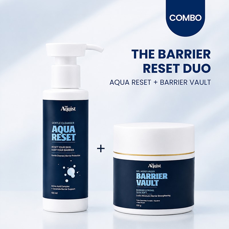 The Aquist Barrier Reset Duo featuring Aqua Reset Gentle Cleanser and Barrier Vault Gel Moisturizer for cleansing, hydration, and skin barrier support.
