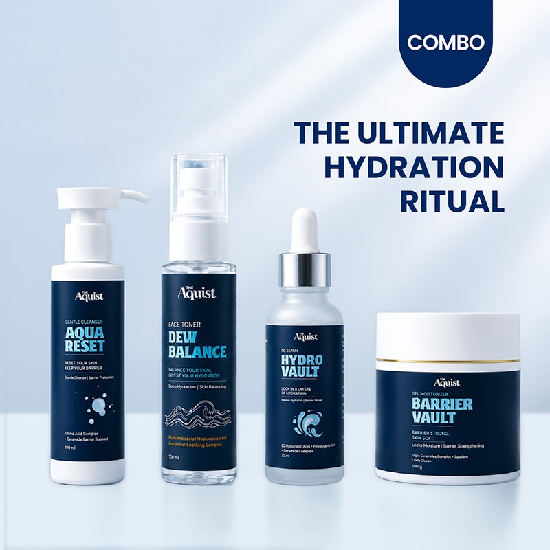The Aquist Ultimate Hydration Ritual featuring Aqua Reset Cleanser, Dew Balance Toner, HydroVault 8D Serum, and Barrier Vault Gel Moisturizer.