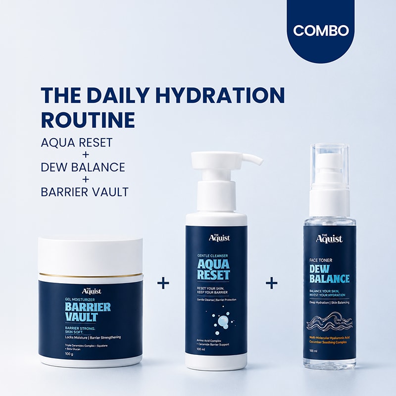 The Aquist Daily Hydration Routine featuring Aqua Reset Cleanser, Dew Balance Toner, and Barrier Vault Gel Moisturizer for complete daily hydration.