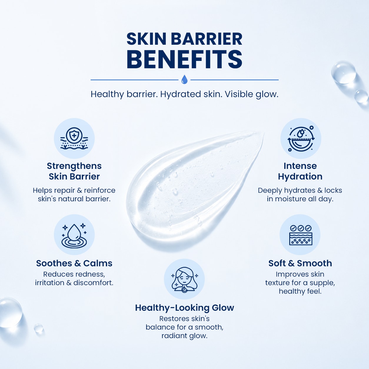 Skincare infographic showing the key benefits of a healthy skin barrier including hydration, soothing, smoother texture, strengthened barrier, and radiant glowing skin.