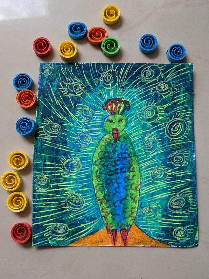How to draw “dancing peacock” with oil pastels in easy way?