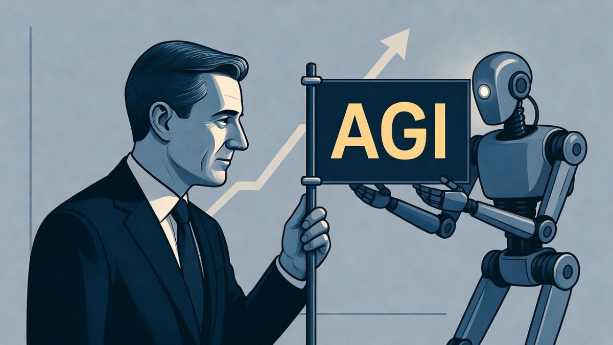 Illustration of a figure moving goalposts labeled AGI closer to a stationary robot, with an exponential curve in the background