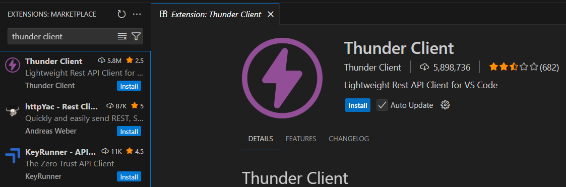 Installing thunder client