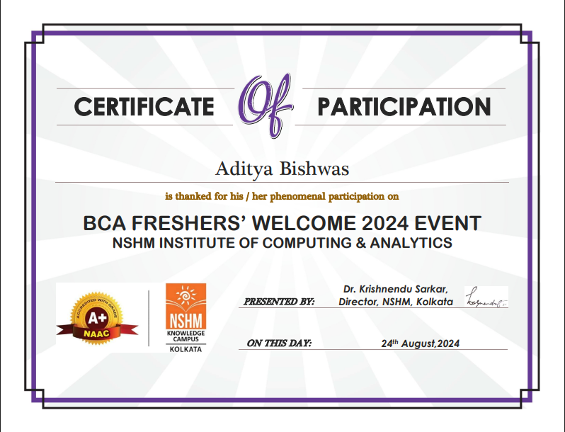 BCA Freshers' Welcome 2024 Certificate