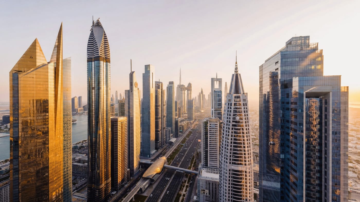 Dubai financial district aerial view at golden hour — UAE Free Zone Investor Visa guide 2026
