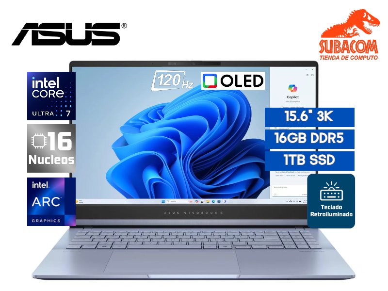 ASUS VIVOBOOK S, ULTRA 7 155H, RAM 16GB DDR5, SSD 1TB, PANT. 15.6" 3K OLED 120HZ, 4 CEL, WIN 11, MIST BLUE