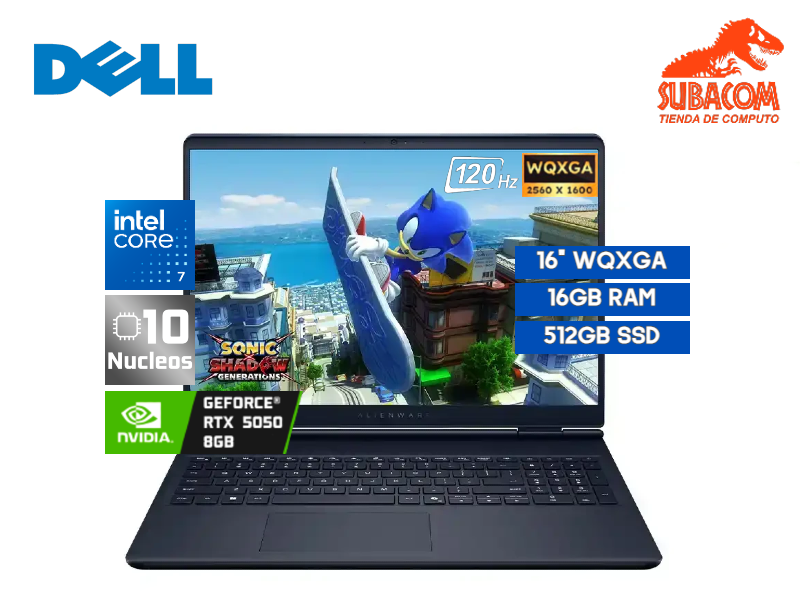 DELL ALIENWARE AURORA GAMING, CORE 7-240H, RAM 16GB DDR5, SSD 512GB, RTX 5050 8GB, PANT. 16" 2.5K WQXGA IPS 120HZ, WIN 11 HOME, COLOR AZUL