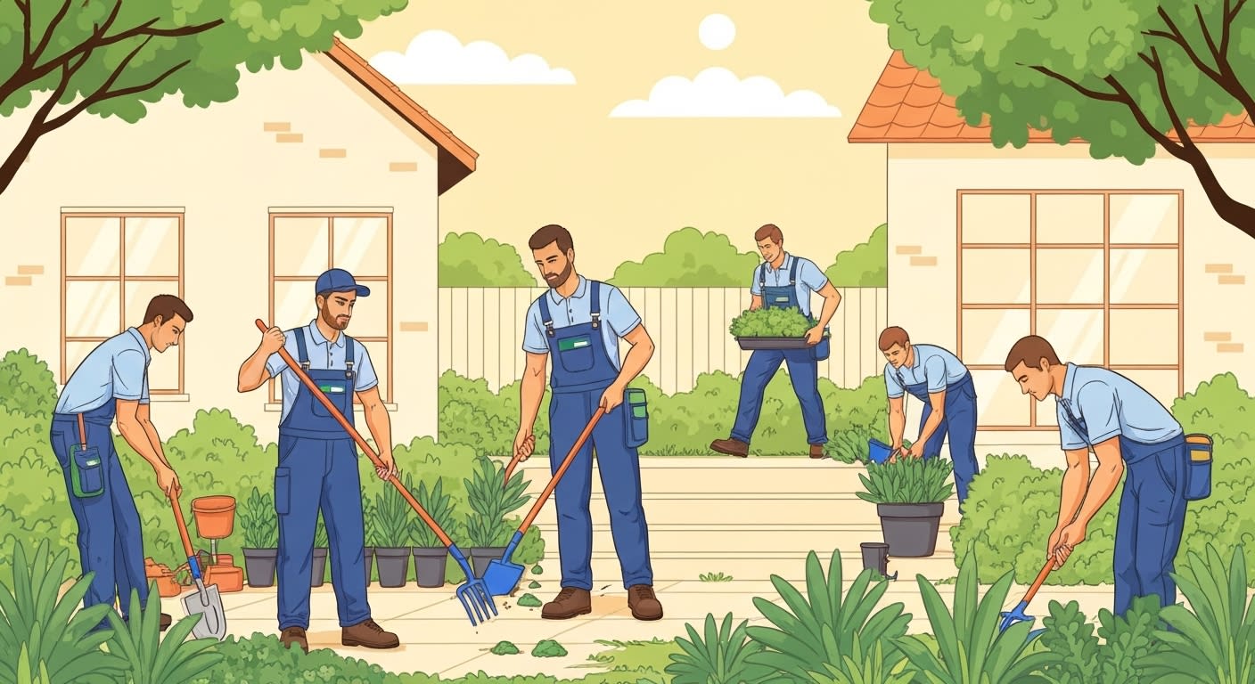 Paysagiste professionnel travaillant dans un jardin français avec équipement protégé par assurance