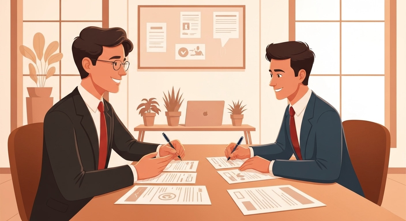 Illustration : Chef d'entreprise français analysant les options d'assurance avec un conseiller