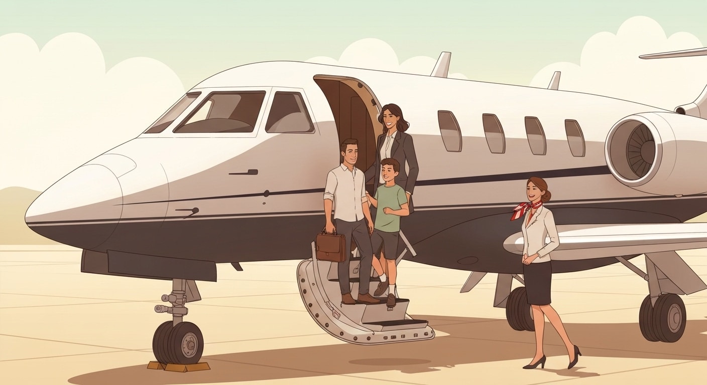 Famille française embarquant dans un jet privé avec assistance professionnelle