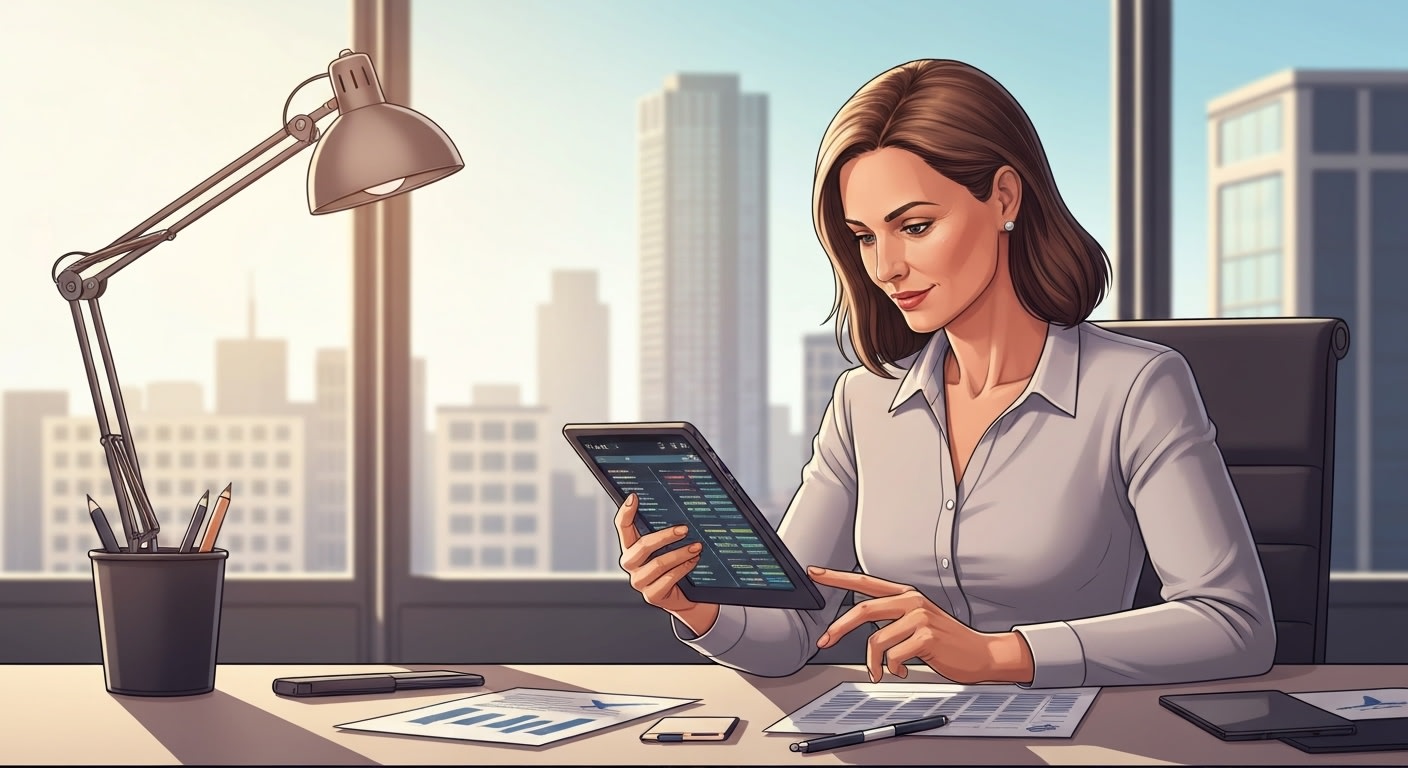 Dirigeant français planifiant ses vols avec tablette numérique dans bureau moderne
