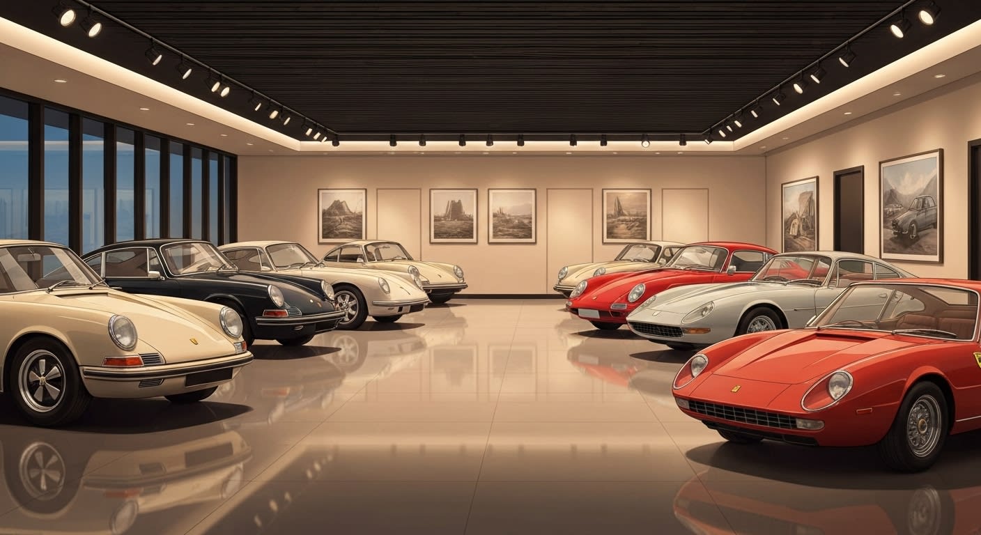 Collection de voitures classiques prestigieuses dans un garage privé de luxe