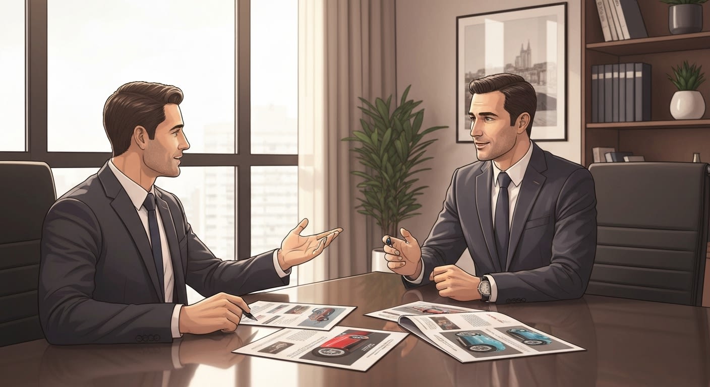 Conseiller en gestion de patrimoine présentant des opportunités d'investissement automobile