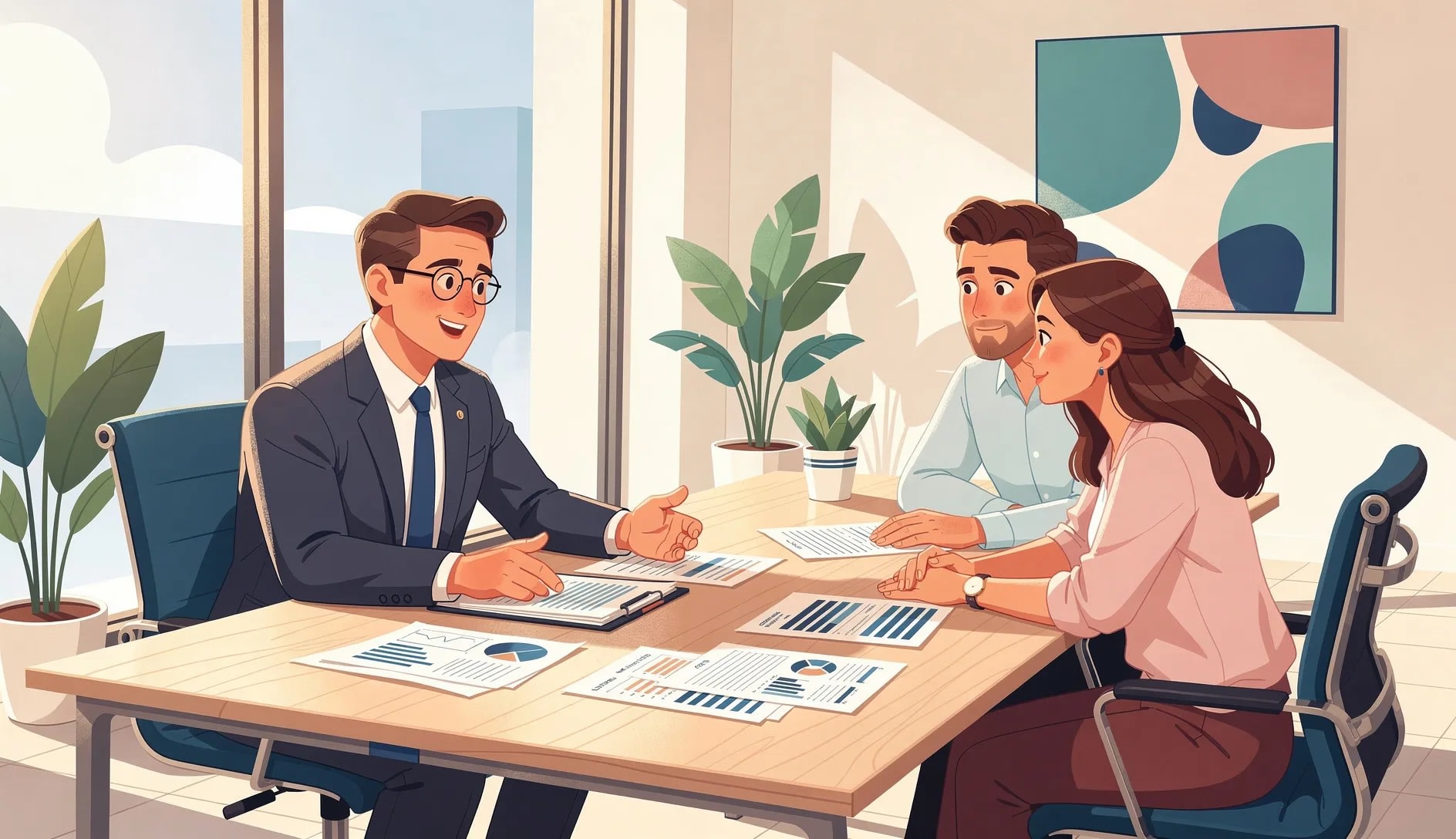Expert en conseil assurance analysant des contrats avec un client dans un bureau moderne