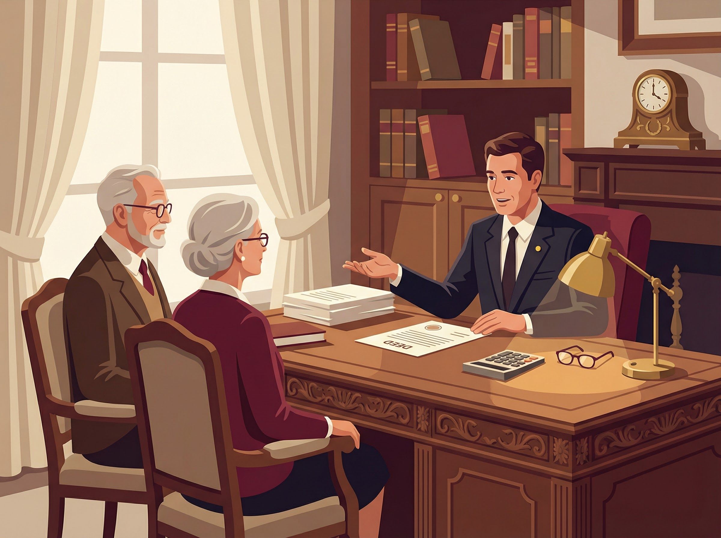 Couple de seniors français consultant un notaire pour un viager