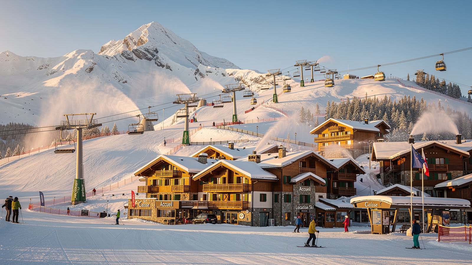 Vue panoramique d'un grand domaine skiable français dans les Alpes avec remontées mécaniques modernes