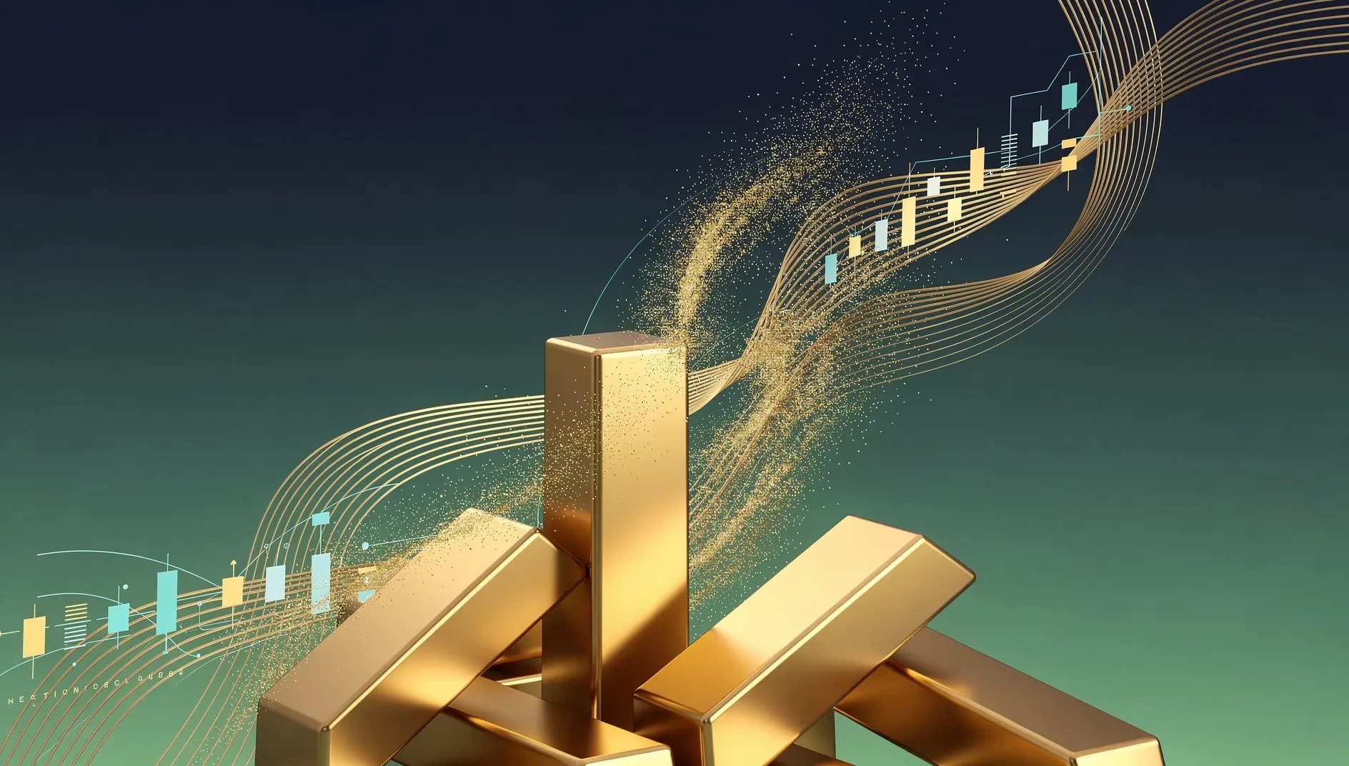 Illustration abstraite de surfaces dorées scintillantes évoquant la progression historique du cours de l'or et les flux d'investissement mondiaux